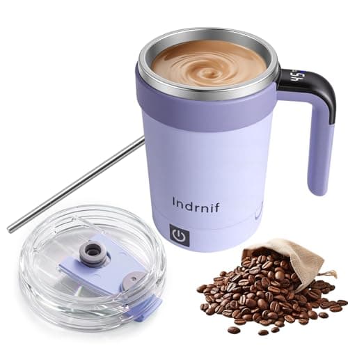 380ml Automatic Self Stirring Coffee Mug, Electric Mixing Cup with Magnetic Stirrer and LED Temperature Display, Rechargeable Travel Mug with Whisk and Detachable Base for Coffee, Milk, Cocoa (purple)