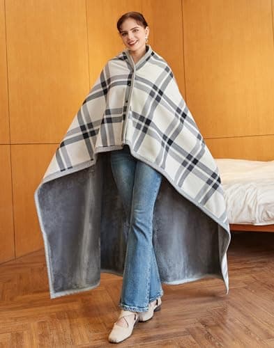 SIVENKE Fleece Wearable Blanket, Plaid Lap Blanket Comfy Poncho Plush Blankets Throw Women Shawl Wrap Cover Cape with Buttons for Bed Sofa Office 100 x 140cm — view 6