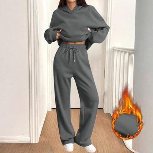 Tracksuit Womens Full Set Oversized 2 Piece Outfits Long Sleeve Hoodie and Sweatpants Women Lounge Wear Sets Fashion Sweatsuits Wide Leg Jogger Loose Loungewear Gym Fitness Activewear Set Grey M — view 5
