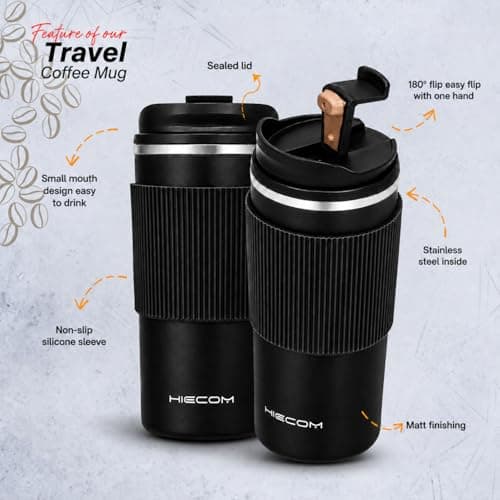 Hiecom Coffee Cup Travel Mug in Black – Vacuum Insulated Travel Mug | Leakproof Thermal Coffee Cup with Double-Wall Stainless Steel, Non-Slip Silicone Grip for Hot and Cold Beverages – 500ml — view 2