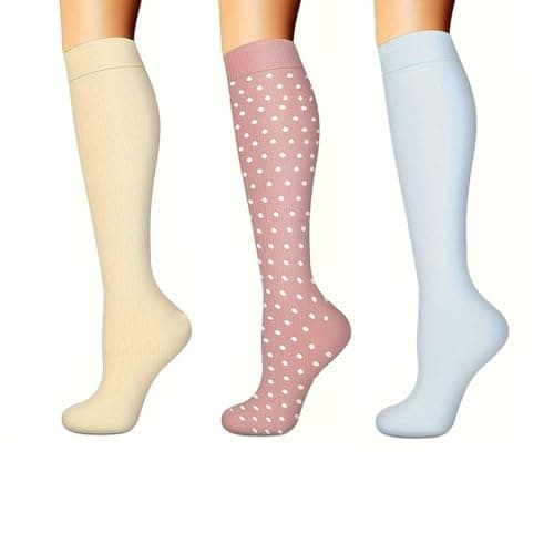 QOWUXHZ 3 Pair Graduated Compression Socks for Men and Women Ideal for Sports, Running, Hiking, Cycling, Travel on Plane, Blue, Beige, Pink