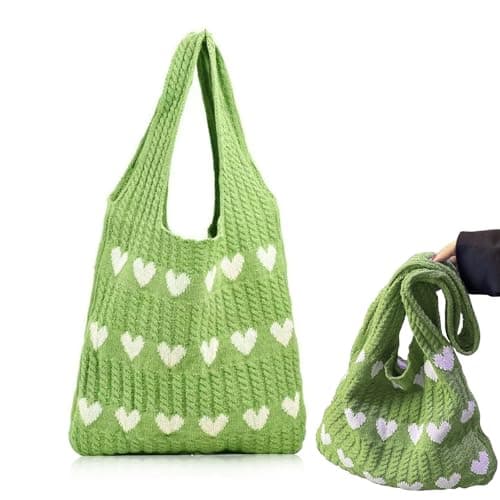 Crochet Tote Bag, Women Knitted Handbags, Mesh Beach Bag, Beach Bag for Women, Retro Crochet Mesh Beach Tote Bag, Boho Shoulder Bag for Holiday Daily Work Shopping Travel(Green+White)