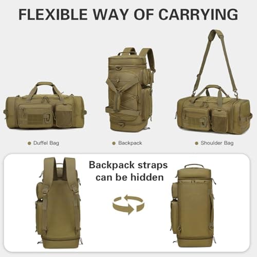 Tonruyn Tactical Duffle Bag Backpack for Men 40-45L Expandable Military Travel Duffel & Sports Holdall Gym Bag with Shoe Compartment Wet Pocket Medium Weekender Overnight for Camping Luggage, Brown — view 3
