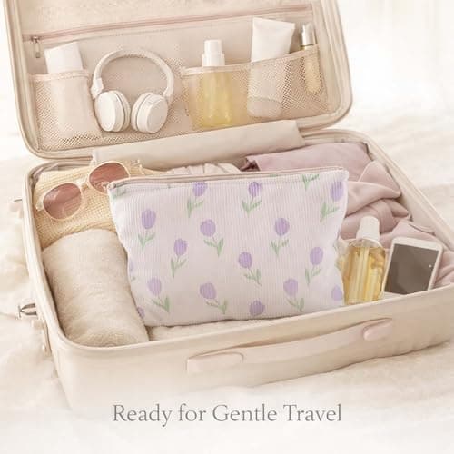 Soft Corduroy Tulip Cosmetic Bag with Zipper - Compact Travel Toiletry Pouch for Women, Floral Lavender Green Print Organiser Storage Pouch for Makeup Essentials & Skincare — view 3