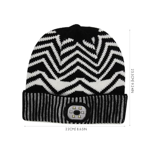 Beaupretty LED Headlamp Beanie Hat with Built-in Light, Black and White Knitted Outdoor Night Running Cap, Unisex Flashlight Knit Hat for Repair and Travel — view 2