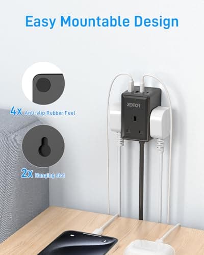 Extension Lead with USB C Slots, FDTEK Mini Plug Extension Cube with 3 way Outlets and 4 USB Ports, Travel Extension Socket with 1.5M Cord, UK Mountable Power Strip for Home Office Cruise-Black — view 3