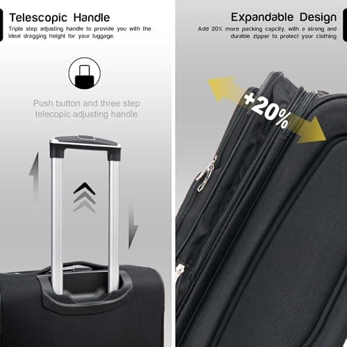 Aerostar Large 29” Lightweight Softshell Expandable Suitcase, Integrated Combination Lock, 4 Wheels Check in Luggage for 23kg (Black, 111 litres) — view 3
