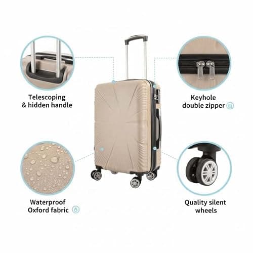53X38X22CM Cabin Suitcase 4 Wheel Hardshell Expandable Luggage Case Hand Carry On ABS (T-HC-CABIN-2029) (Beige) — view 3