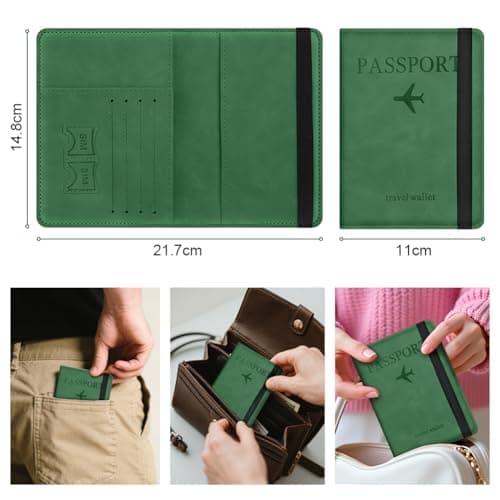 AOOSU Passport Holder Cover, PU Leather Passport Cover with RFID Blocking Travel Wallet, Portable Universal Travel Wallet Case Organiser for Money, Boarding Passes, Credit Cards Green — view 2