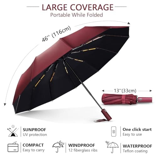 Lychico Windproof Travel Umbrella - Compact, Automatic Folding, 12 Ribs, Wind Resistant for Rain, Portable, Single Hand Use, Small, Light, Strong Backpack Protection, Red — view 2