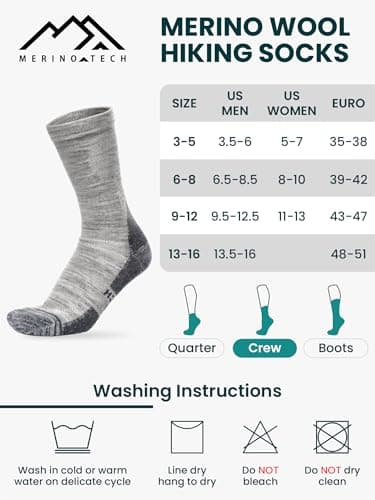 Merino.tech Merino Wool Socks Mens and Womens - Merino Wool Hiking Socks Crew Style (Light Grey Pack of 3, 4-8) — view 6
