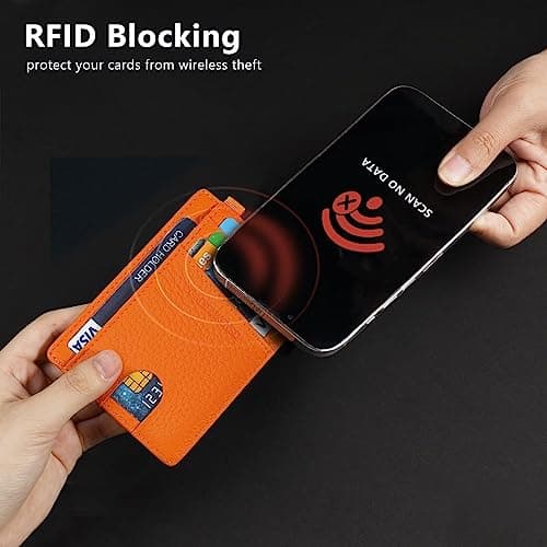GADIEMKENSD Minimalist Genuine Leather Credit Card Holder RFID Blocking Light Slim Wallet with D-Loop for Lanyard Key Compact Bus Pass Purse for Men Women Business Travel Orange — view 5