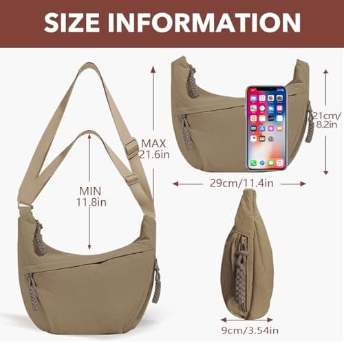 LOCCY Crescent Bag for Women, Nylon Crescent Crossbody Bags Half Moon Bag Dumpling Bag Hobo Shoulder Bag Multi Pockets with Adjustable Strap for Travel Shopping Work (Dark Khaki) — view 3