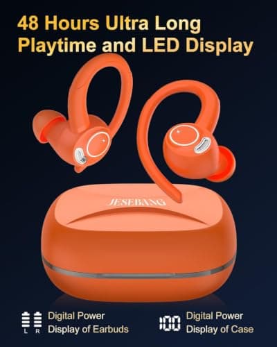 Sports Wireless Earbuds with EarHooks HiFi Stereo Sound, Vibrant Orange — view 6