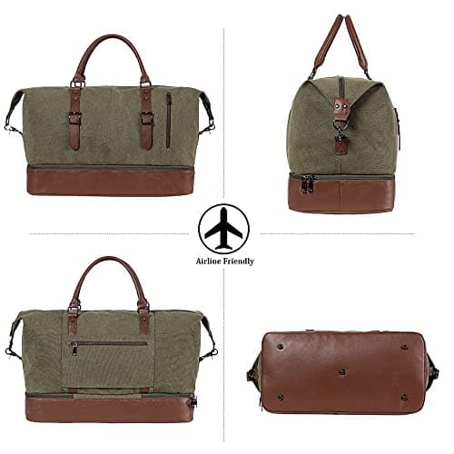 Travel Bag with Shoe Pouch,Weekender Overnight Bag Canvas PU Leather Large Carry On Bag Travel Tote Duffel Bag for Men or Women,Green — view 2