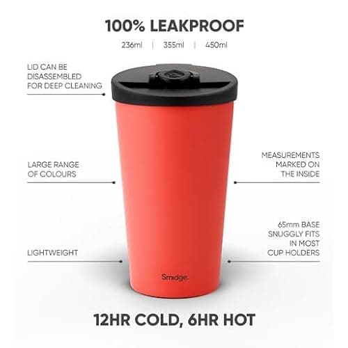 Smidge Travel Cup - 355ml, Coral, Stainless Steel, Leakproof, Insulated, Hot & Cold Drinks, BPA Free — view 5