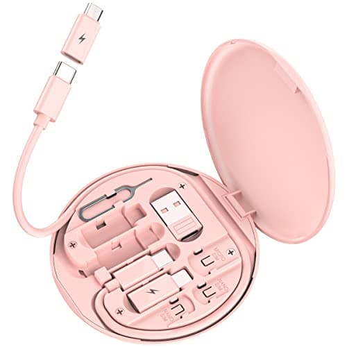 Yimly Multi USB Charging Adapter Cable Kit, C to Lighting Box, Conversion Set A & Type Male Micro /Type C/Lightning, Data Transfer, Card Storage, Tray Eject Pin, Phone Holder (pink)