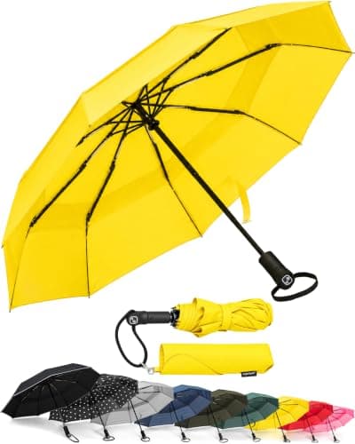 Ergonauts Travel Umbrella Windproof Vented Double Canopy – Teflon Coating, Ergonomic Handle & Protective Sleeve – Portable Compact Foldable Lightweight Design and High Wind Resistance (Yellow)