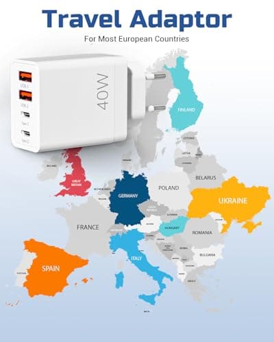 40W EU Travel Charger, European Plug Adaptor with 2 USB C Ports and 2 USB A Ports, Fast Charging UK to Europe Mains Adaptor for iPhone Samsung Smartphones 2PC — view 2