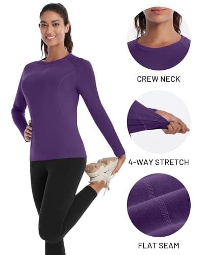 Runhit Thermal Tops Womens Long Sleeve Fleece Lined Compression Shirt Soft Warm Base Layer Moisture Wicking Sports Underwear for Ski, Running Gym Workout Dark Purple L — view 4