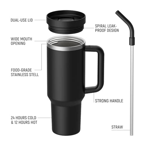 LEIKEEGO Travel Mug Coffee Cup, 1200ml/40oz Tumbler with Straw and Lid, Stainless Steel Double Wall Vacuum Insulated Coffee Cup with Handle-Keeps Cold for 24H-Hot for 12H(Black) — view 4