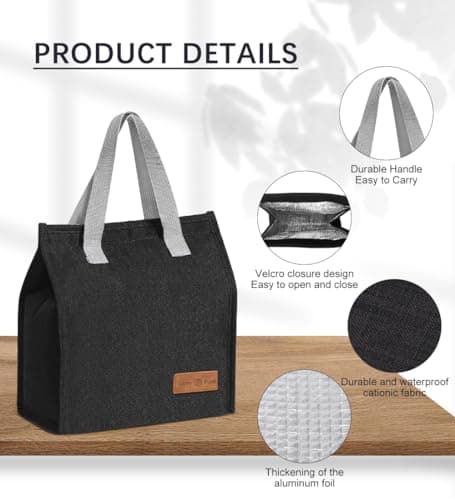 lmytdo Lunch Bags for Women Men, Portable Insulated Lunch Bag Water-Resistant Leak-Proof Lunch Box Tote Bag for Kids Girls Boys Adults, Thermal Cooler Bag for Work School Picnic Travel (Black) — view 5