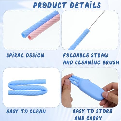 2 Sets Silicone Straws Reusable, Portable Foldable Travel Straw with Case and Cleaning Brush Collapsible Drinking Straws for Travel Party (Pink and Blue) — view 3