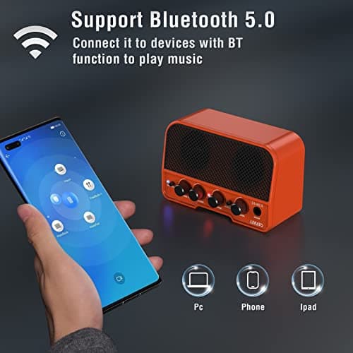 LEKATO JA-02 II Mini Guitar Amp 5W Electric Guitar Amplifier Portable Rechargeable Small Practice Guitar Amp with Bluetooth Clean & Overdrive Channels for Home & Travel (Orange) — view 4