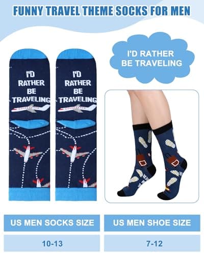 Eurzom 6 Pairs Funny Travel Socks for Men I'd Rather Be Traveling Gift Novelty Men's Travel Crew Socks for Travel Lovers and Travelers, Multi-color, One Size — view 4