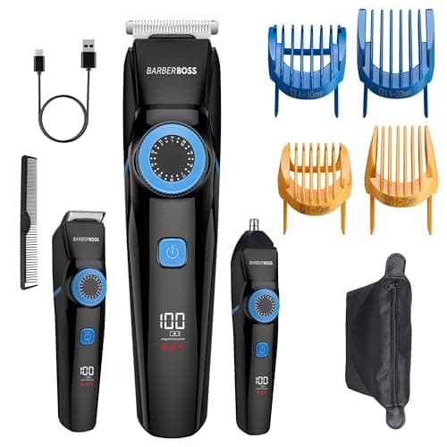 BarberBoss 3-in-1 Beard Trimmer, Hair Clipper & Nose Trimmer for Men, Waterproof Grooming Kit with Precision Blades, Adjustable Trim Lengths, USB Rechargeable, LED Display, Travel Case