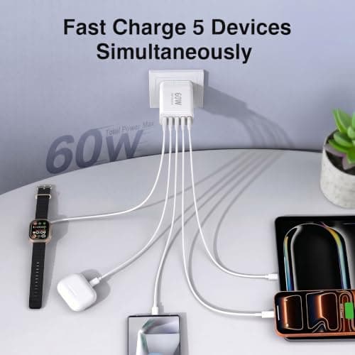 USB C Plug Fast Charge，60W 1-Pack Multi-Port (3C+2A)30W+30W USB Charger Plug UK With 4FT& 6FT USB-C Cable Compatible With i Phone 17/16/15/ S ansung S25/S24/S23 And More — view 2
