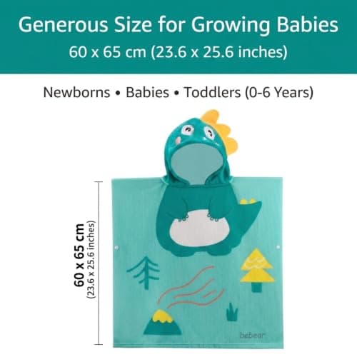 Bebamour Baby Hooded Towel, Wearable Bath Towel for Boys & Girls, Soft Absorbent Toddler Bathrobe Poncho with Hood, Quick Dry Baby Towel for Newborns & Children 0-6 Years, 60 x 65 cm, Dino — view 2