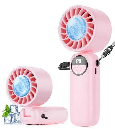 Portable Handheld Fan, 4000mAh High Speed Hand Held Turbo Fan (16800RPM) with Ice Cooler,120 Wind Gear, 90°Foldable, Up to 22 Hrs, Rechargeable USB Face Fan for Travel,Outdoor,Home,Office (Pink)
