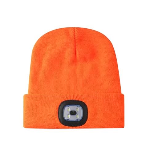 LED Beanie Hat Orange Headlamp Plain Soft Comfortable USB Rechargeable Head Light for Men Women Warm Knitted Winter Woolly Night Running Dog Walker Headwear — view 3