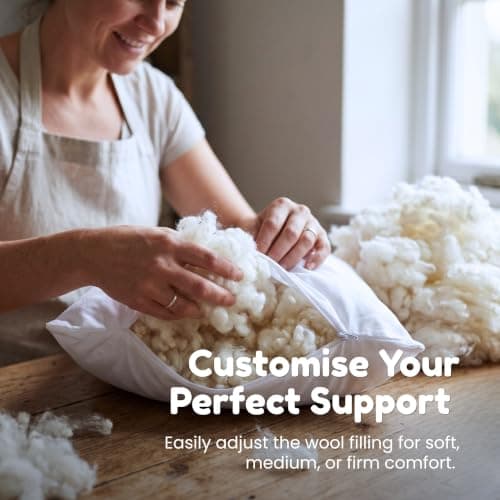 Lister Cartwright Wool Pillow Premium Firmness 100% Cotton Cover British Yorkshire Wool Natural Supportive British Regulates Body Temperature Standard UK Size Well sleep (1, White, 70 x 48 cm) — view 3