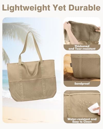 Beach Bag with Zip and Pockets Small Beach Tote Bags for Women, Khaki — view 6