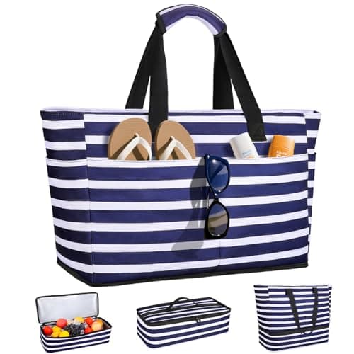 ISEYOU Beach Bag with Cooler, 49L Large Family Beach Tote with Zipper, Waterproof Sandproof Beach Bags for Women and Men, Foldable Lightweight Travel Bag for Pool, Picnic, Gym