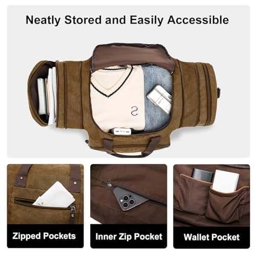 EKOROMIER 55L Canvas Travel Duffel Bag for Men – Expandable Weekender Holdall – Cabin Size Overnight Bag for Gym, Carry-On or Short Trips – Coffee — view 6