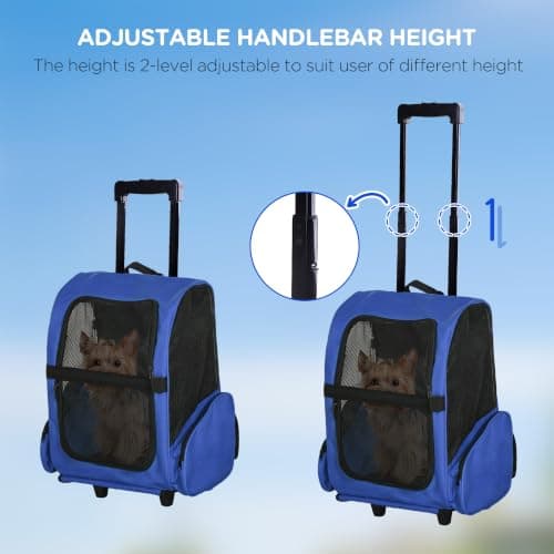PawHut Pet Travel Backpack Bag Cat Puppy Dog Carrier w/ Trolley and Telescopic Handle Portable Stroller Wheel Luggage Bag (Blue) — view 5