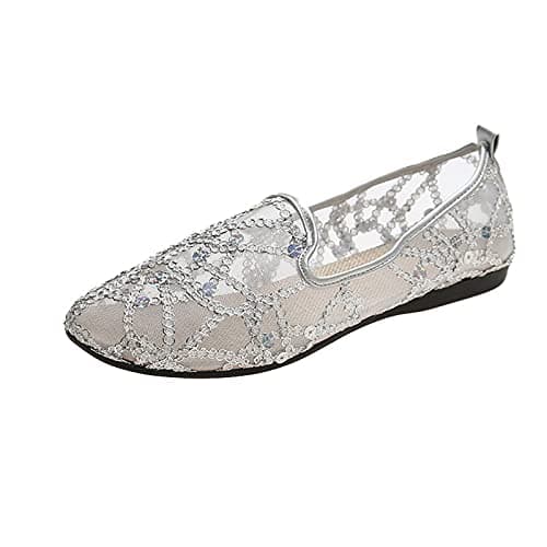 Mesh Ballet Flats for Women Pumps Orthopedic Sequins Dolly Shoes Wide Fit Round-Toe Non-Slip Breathable Summer Ladies Shoes Walking Office Holiday (Z01 Silver, 5)