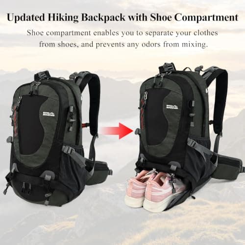 Hiking Backpack 35L, Waterproof Travel Rucksack with Shoe Compartment, Grey — view 4