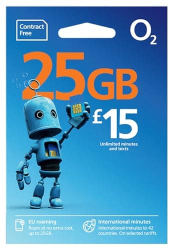 O2 SIM Card UK & Europe Prepaid PAYG with 25GB data, unlimited minutes & text bundle for 30 days - worth £15