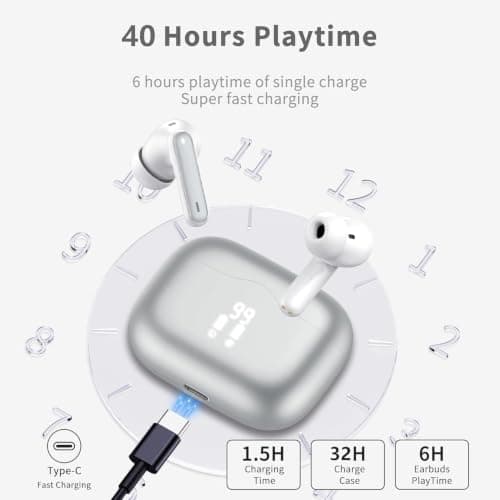 Wireless Earbuds, 2026 Bluetooth 5.4 Headphones in Ear 6D Bass Stereo, 40H Earphones with 4 ENC Noise Cancelling Mic, IP7 Waterproof LED, AI-Enhanced Calls Bluetooth Earbuds for Android iOS, Silver — view 4