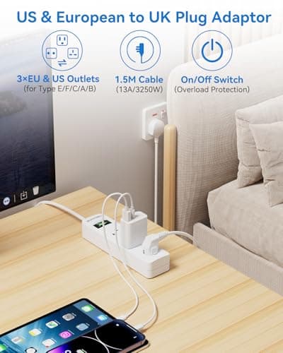 US to UK Plug Adapter, 3 Outlets for American/EU Electronic Devices — view 2