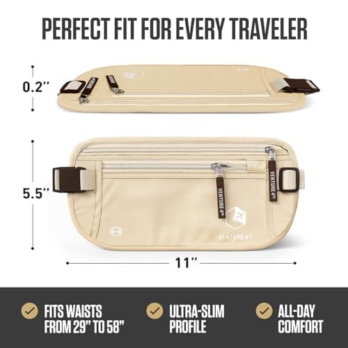 VENTURE 4TH Travel Money Belt - Keeps Your Cash Safe When Travelling - Hidden Waist Passport Holder with RFID Blocking Technology is Designed for Superior Anti-Theft Protection and Comfort (Beige) — view 3