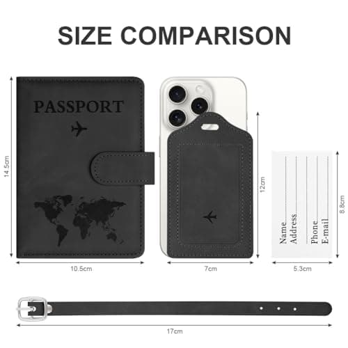 OFFCUP Passport Holder Cover, PU Leather Passport Cover and Luggage Tag Set with RFID Blocking Travel Wallet, Universal Travel Wallet Case Organiser for Money, Boarding Passes, Credit Cards Black — view 2