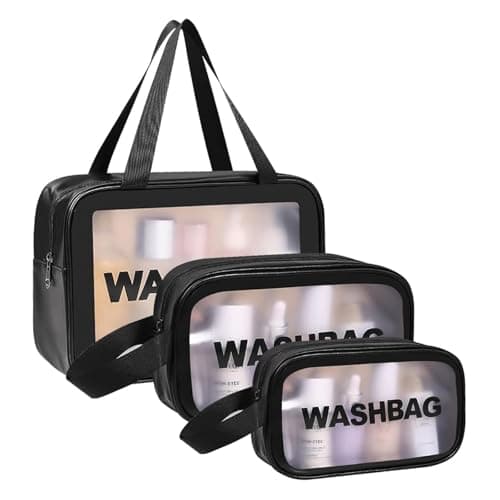 Aucuu 3PCS Clear Toiletry Bag, Wash Bag, Clear PU Makeup Bags, Waterproof Toiletry Travel Bags with Zipper Handle, Portable Airport Cosmetic B-ag for Travel Bathroom Men Women (Black)