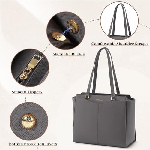 RAINSMORE Handbag for Women Large Laptop Tote Bag 14 Inch Waterproof PU Leather School Ladies Handbag with Zipper Pocket Work Shoulder Bags for Shopping Office Travel Business — view 6