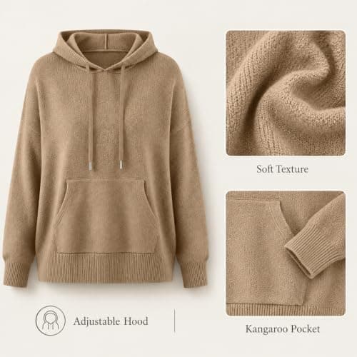 Ladies Oversized Pullover Hoodie Soft Lightweight Long Sleeve Plain Sweatshirt With Kangaroo Pocket Drawstring Hooded Top Loose Fit Casual Thermal Ribbed Sweater Autumn Winter Airport Commute — view 4