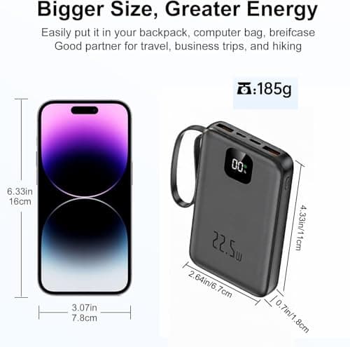 [5-in-1] 22.5W Fast Charging Power Bank 10000mAh, Compact Portable Charger with 4 Built-in Cables & LED Display, 5 Outputs & 3 Inputs Battery Pack for iPhone Android and More (Black, 10000mAh) — view 5